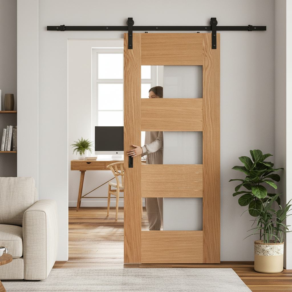 Fully Finished 7 Panel 3 Light Clear Glass Sliding Door with Durable Oak Finish and Space-Saving Track - Image 2