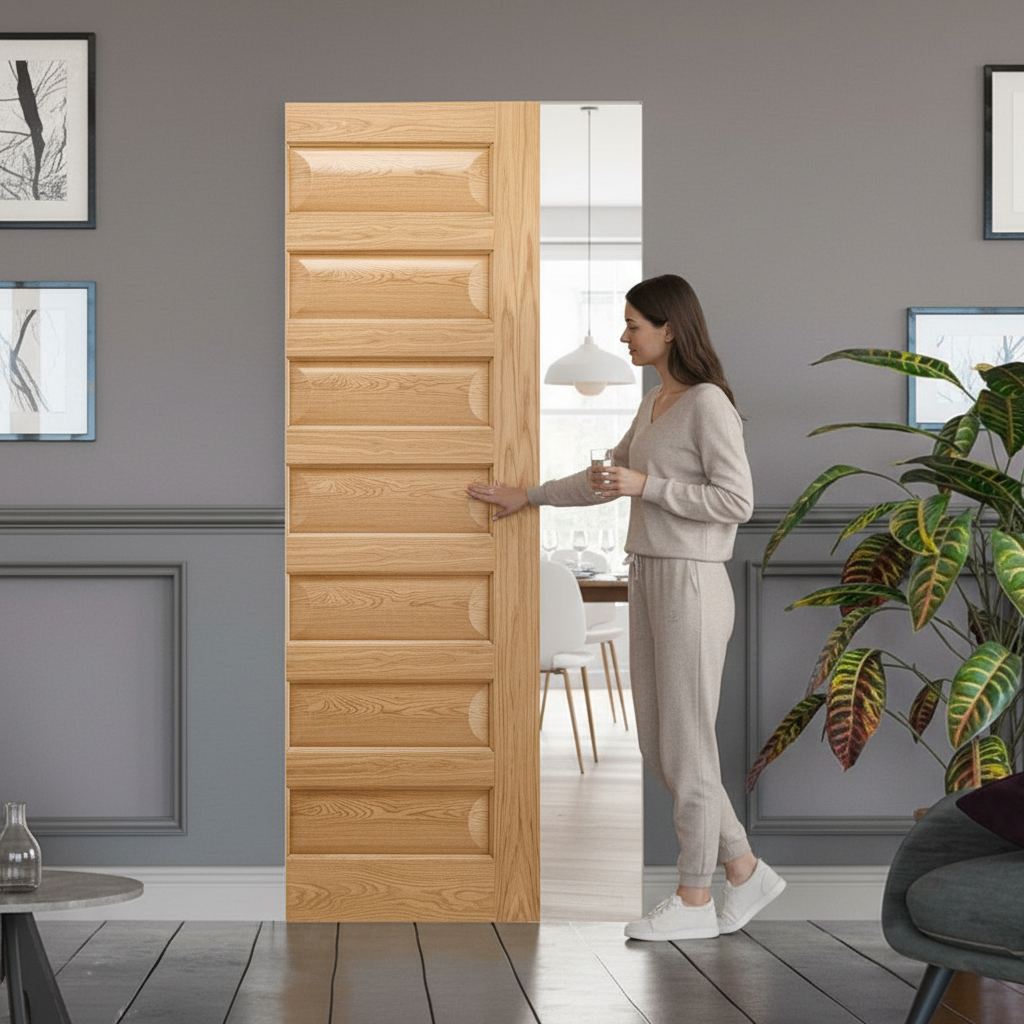 Premium Oak Flush Pocket Door Set with No Bottom Track, Space-Saving Design and 15-Year Guarantee