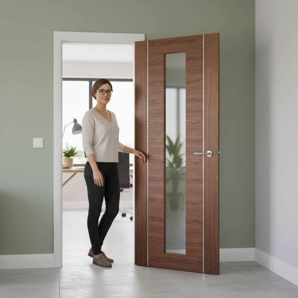 Premium Contemporary Walnut Door with Clear Toughened Glass and Engineered Construction for Modern Homes