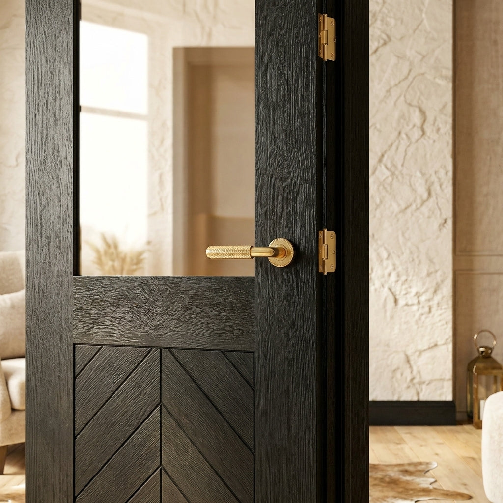 Internal Black Door Fully Finished Oak Chevron with Clear Glass - detail view