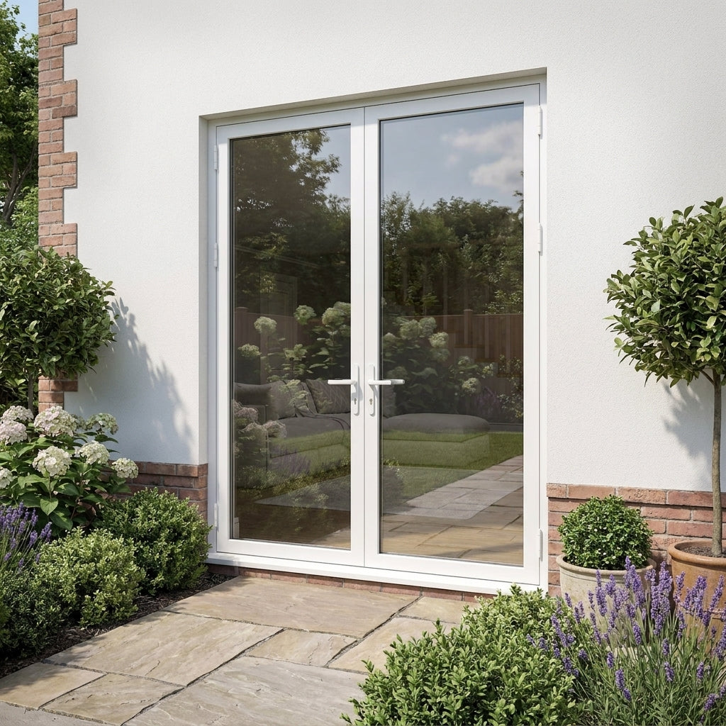 External White Aluminium French Patio Door with Clear Glass Glazing