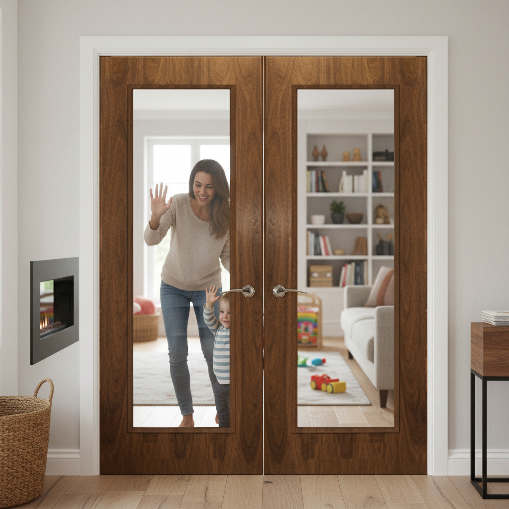 Premium Custom Made Internal FD30 Walnut Glazed Fire Door Pair - Bespoke Sizes and Designs Available