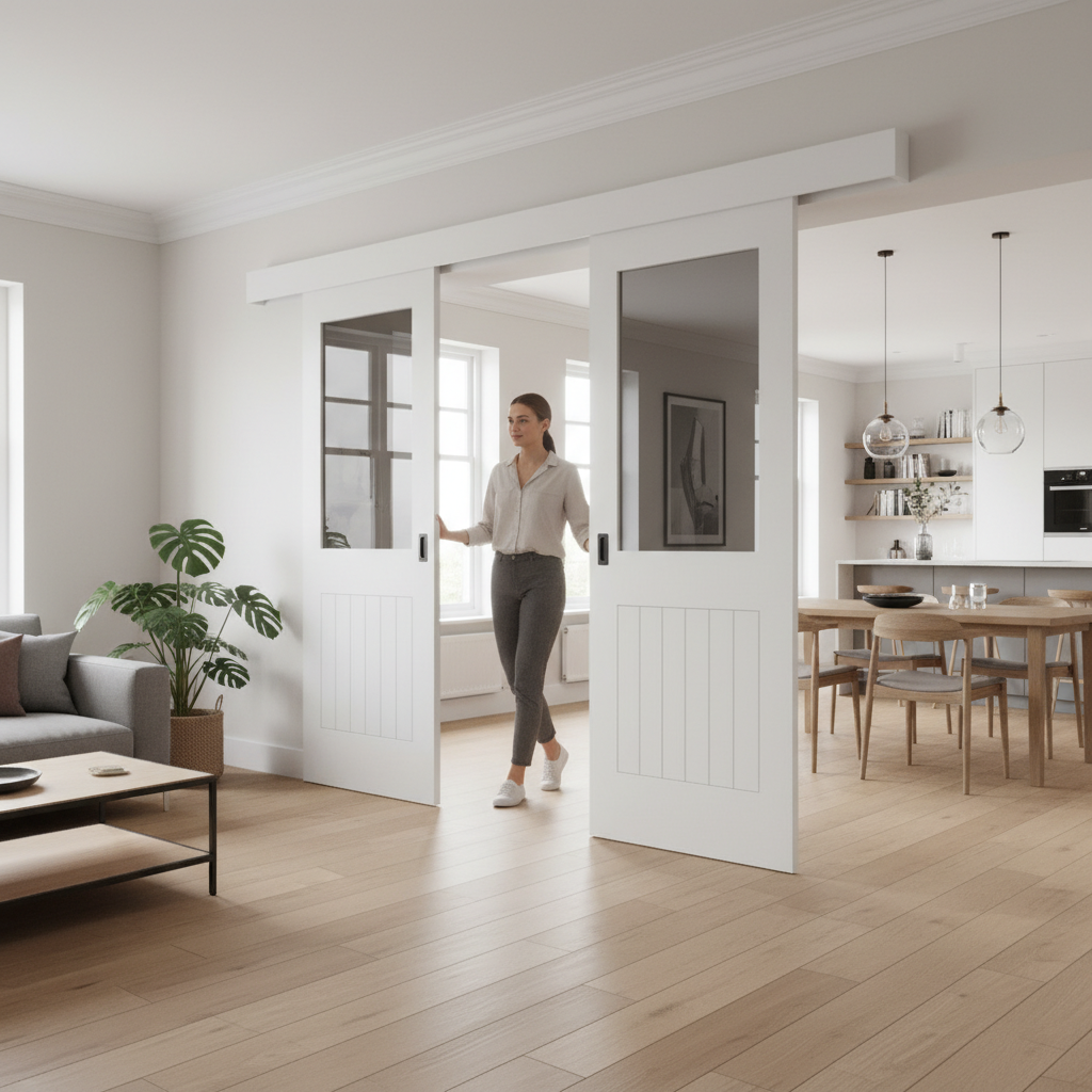 Premium Double Sliding Door System with Clear Glazed Doors and Full Hardware Kit for Interior Spaces