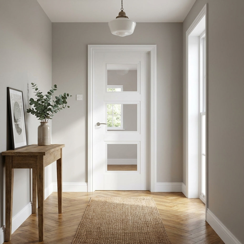 Internal White Door with Primed Finish and 3 Light Clear Glass Panels