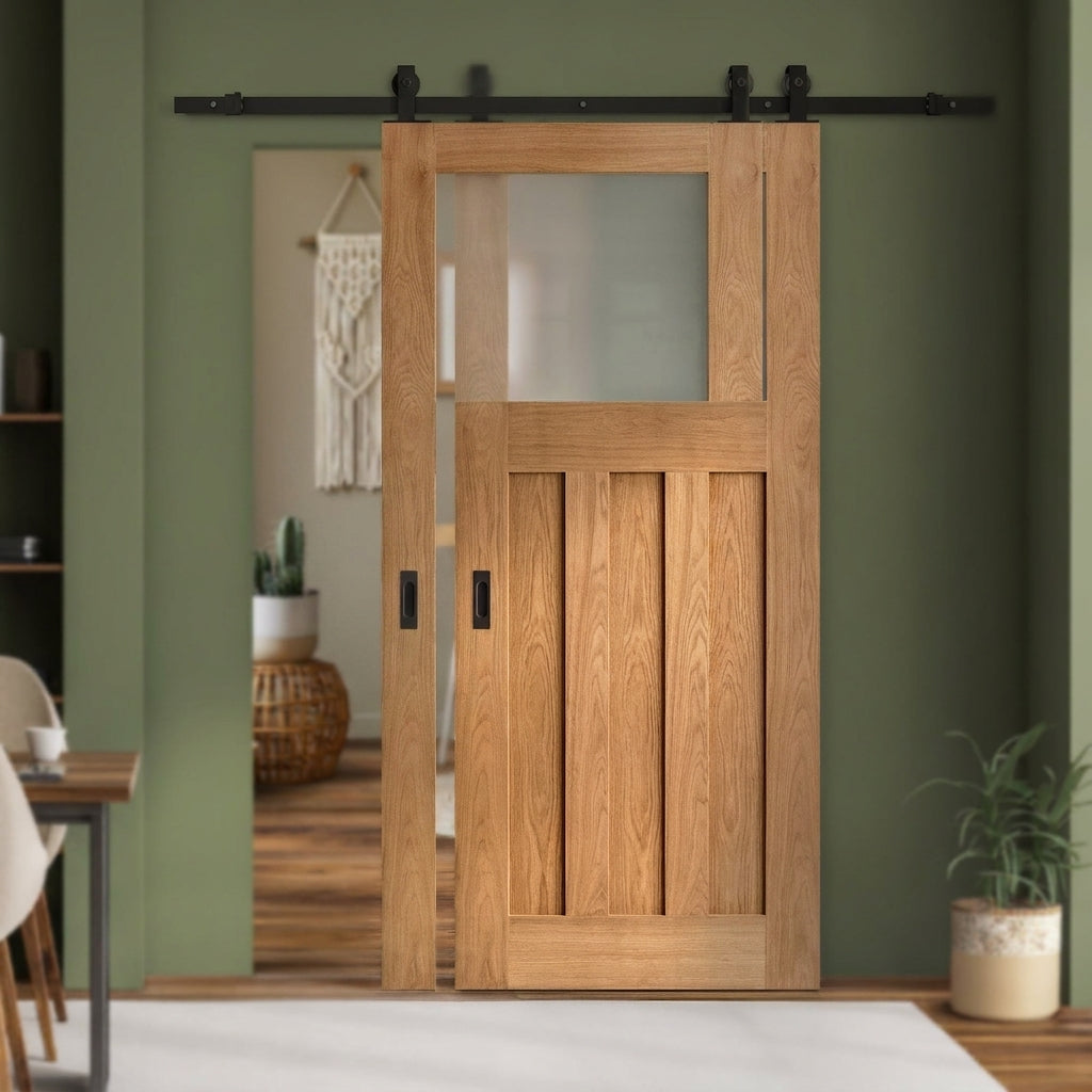Internal Oak Sliding Door Unfinished 1930's 3 Panel with 1 Light Obscure Glass - detail view