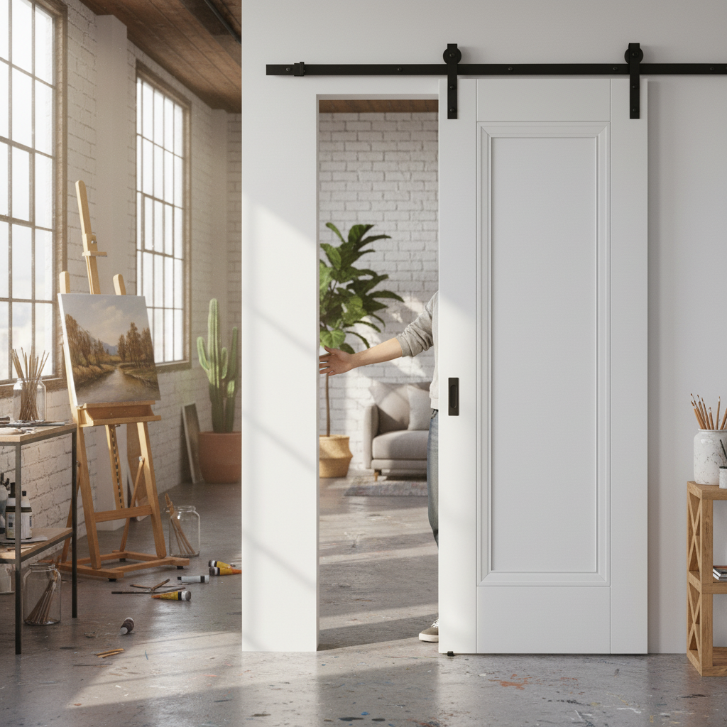 Premium White Internal Primed Elegance Lancaster 1 Panel Sliding Door with Black Steel Track for Modern Home Design
