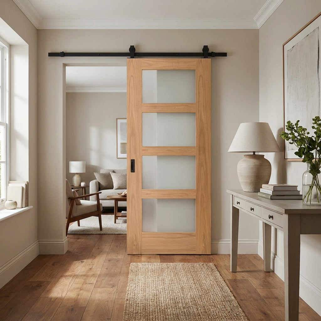 Oak Internal Sliding Door Unfinished with 4 Light Obscure Glass