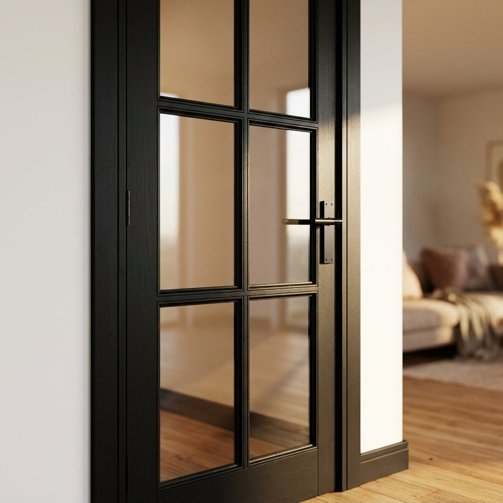 Internal Studio Door Jet Black Fully Finished with 8 Light Clear Glass - detail view