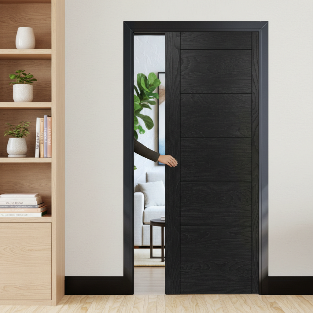Premium Brushed Black Pocket Door Set with Natural Oak Finish and Adjustable Jambs for Seamless Installation