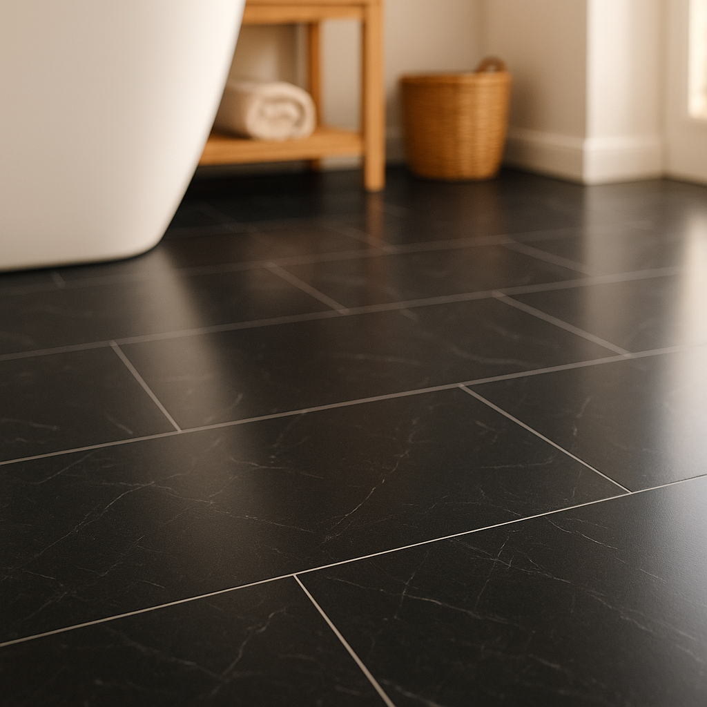 Black Gloss Marble Vinyl Flooring, 5.5mm Thick, 100% Waterproof, Lifetime Guarantee - detail view
