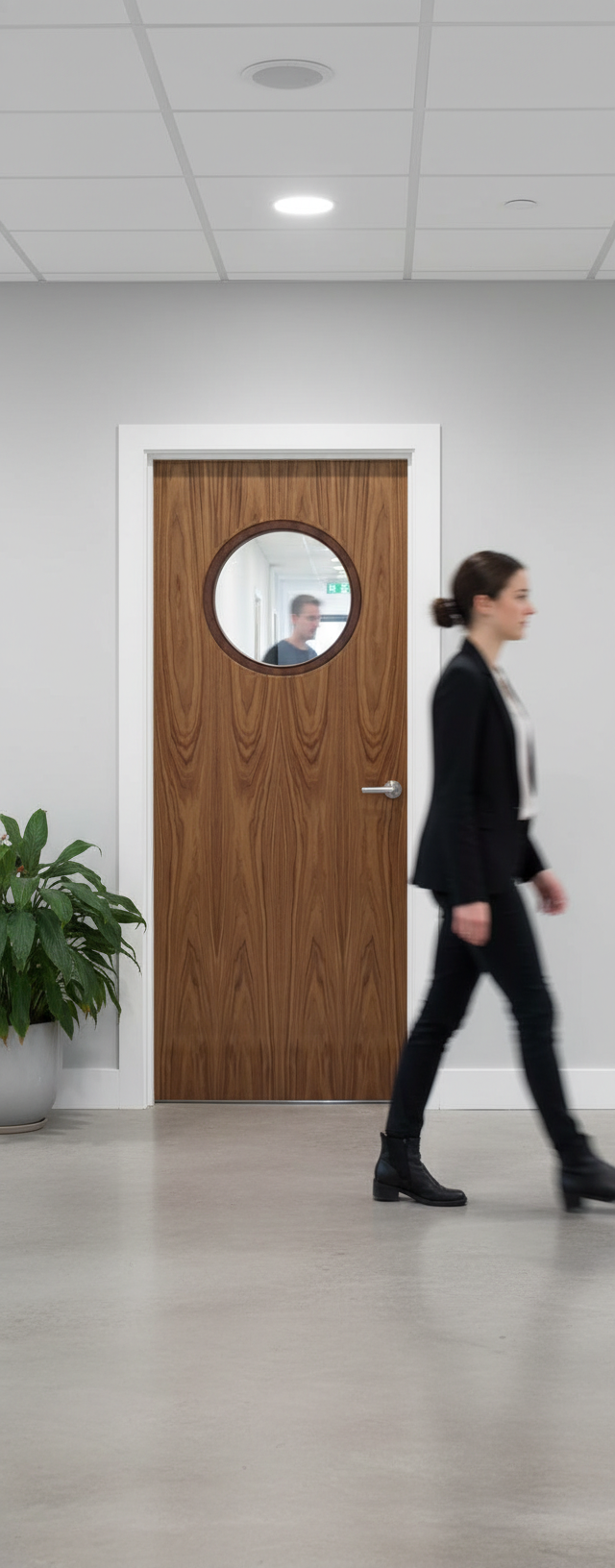 Premium Custom Made FD30 Walnut Porthole Fire Door with Clear Fire Rated Glass - High-Quality Professional Grade for Industrial and Commercial Appl...