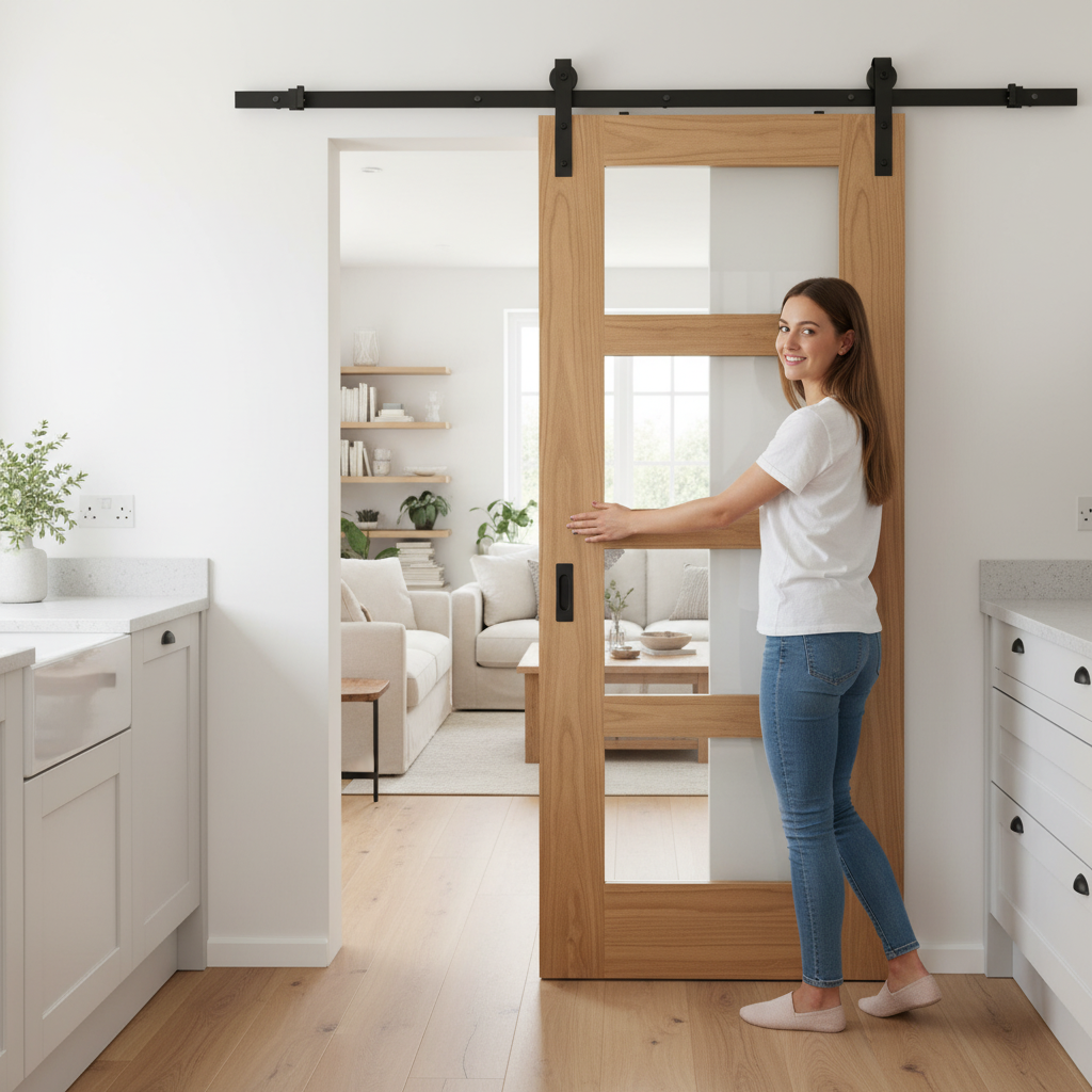 Unfinished Oak Sliding Door Set with 4 Light Clear Glass Panels - Timeless Design and Robust Construction - Image 2