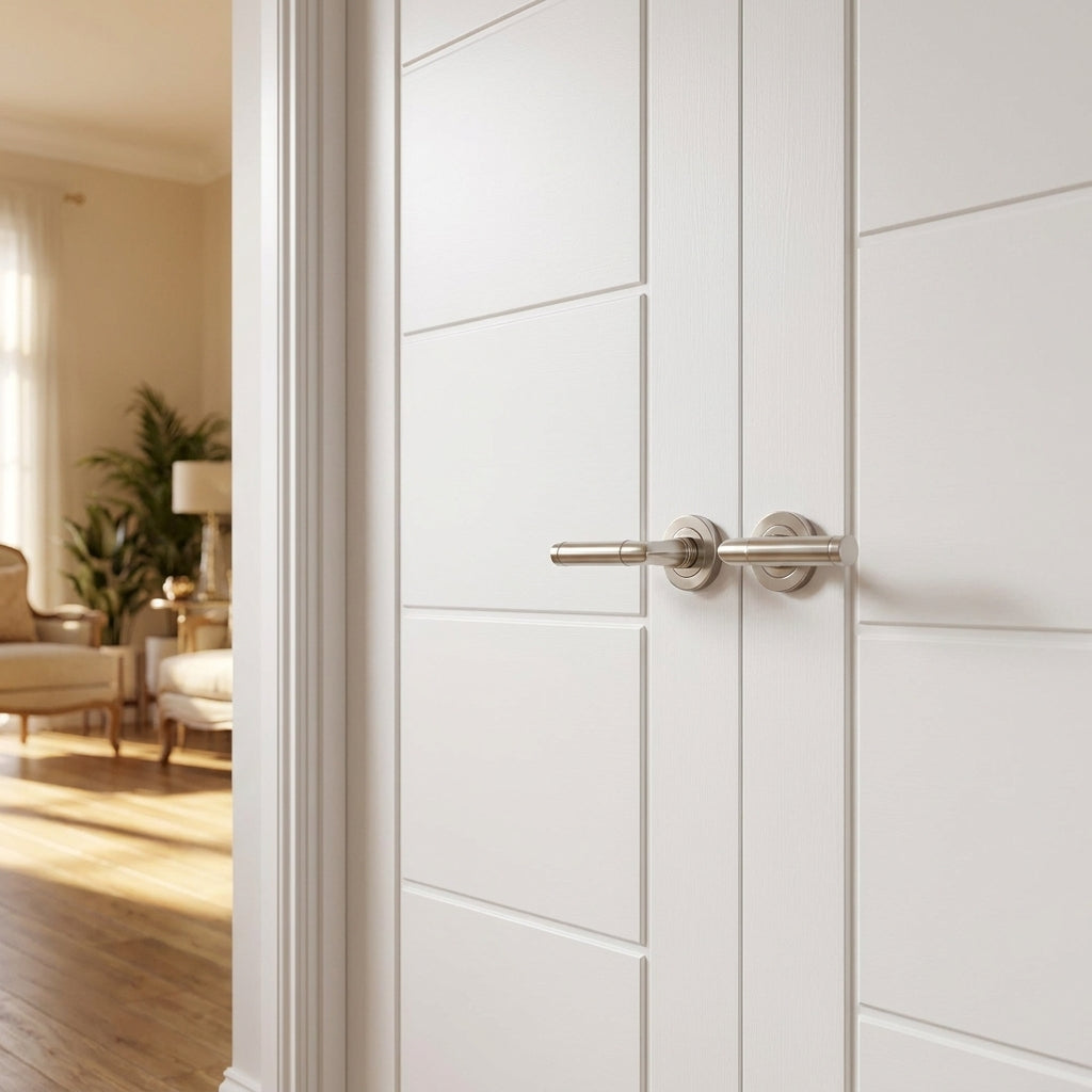Internal Door Pair, White Primed, 7 Panel Design, Semi-Solid Core - detail view