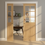 Premium Clear Glazed Double Pocket Door Set with Rustic Oak Design and Galvanised Steel Frame for Elegant Interior Spaces