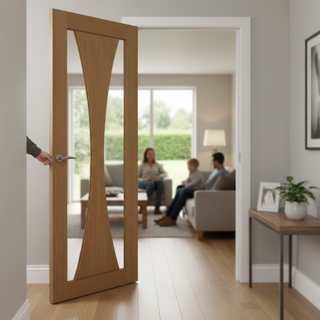 Premium Clear Glazed Fire Door with Deep U-Groove Design and Oak Veneer Finish - High-Quality Professional Grade for Industrial and Commercial Appl...