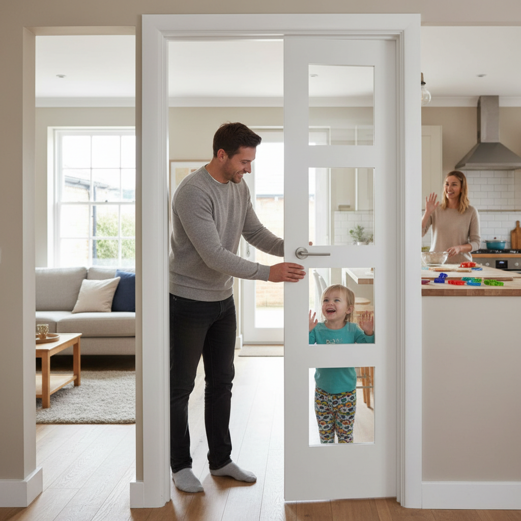 Premium White Shaker 4P/4L Offset French Door with Clear Glazed Demi Panel - Customizable Sizes and Unfinished Oak Frame
