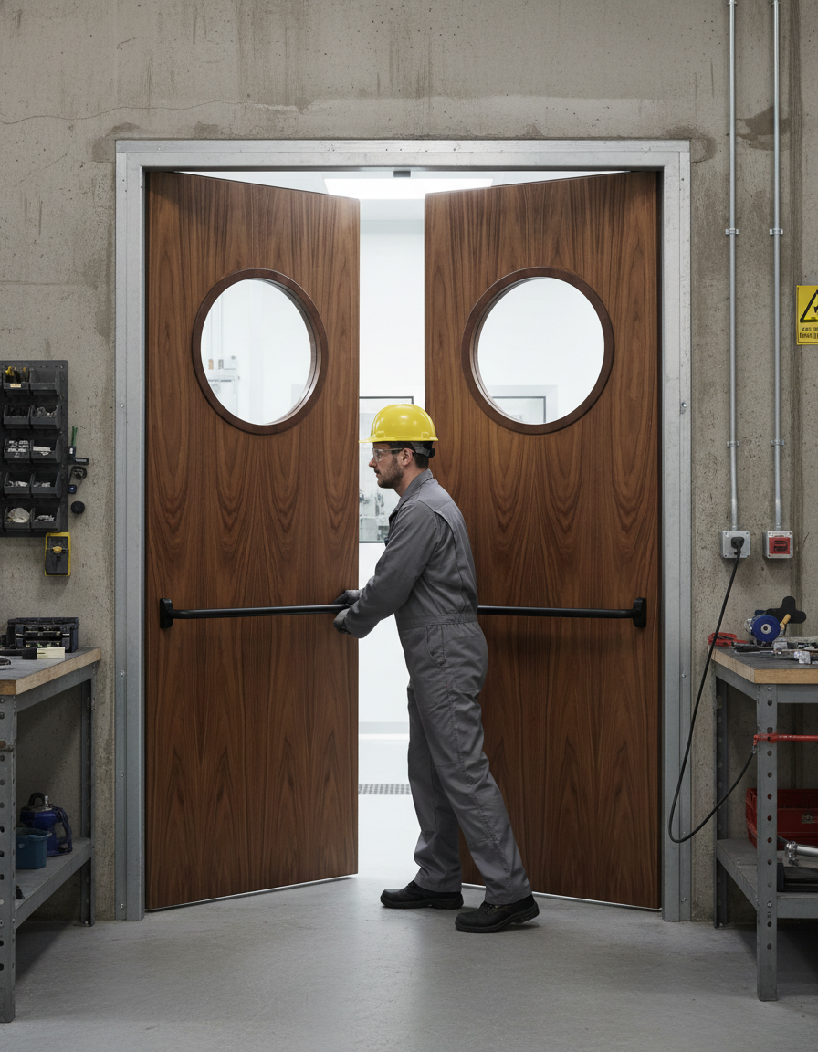 Premium Custom Made Walnut Porthole Fire Door Pair - Certified FD30 & FD60 Sizes Available