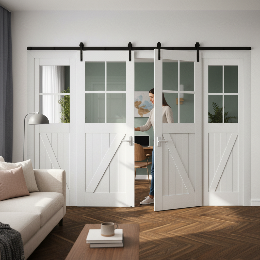 Premium Internal Barn Style Room Divider Set with 4 Clear Glass Panels and White Primed Frame Kit for Stylish Separation - Image 2