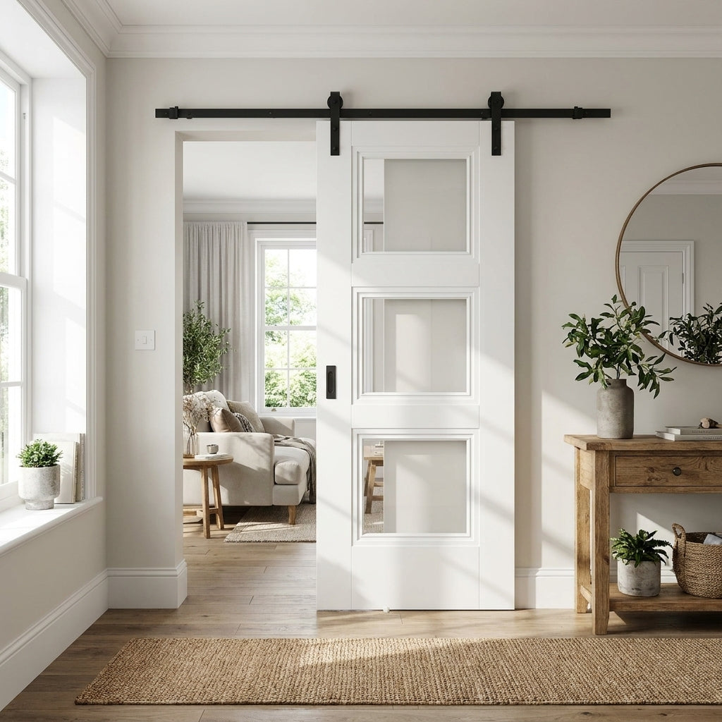 Internal White Primed Sliding Door with 3 Light Clear Glass Glazing