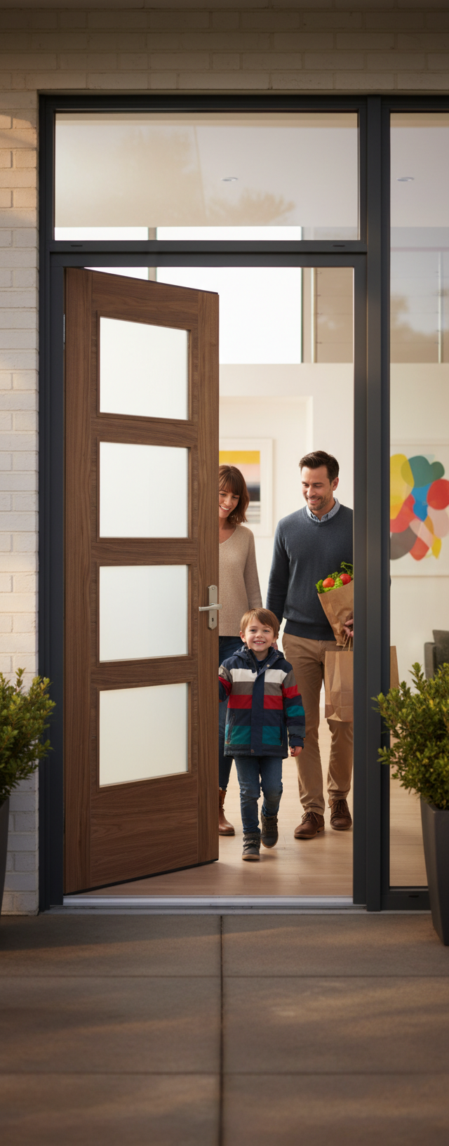 Premium Contemporary Walnut 4L Glazed Internal Door with V Grooves and Clear Satin Lacquer Finish