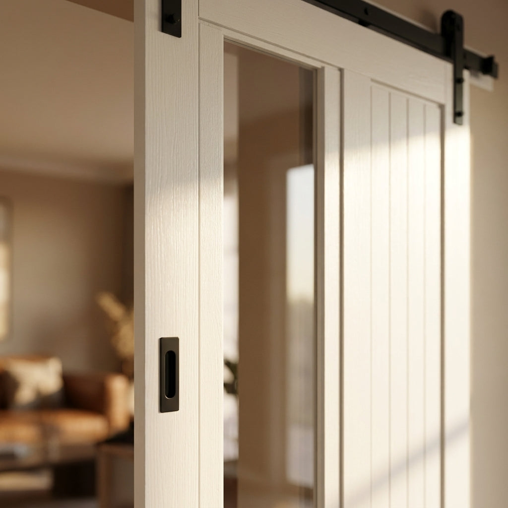 White Primed Internal Sliding Door with Clear Glass Glazing, Solid Core - detail view