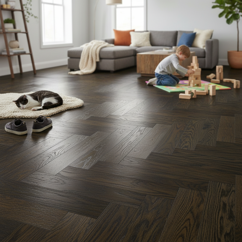 Premium Herringbone Solid Real Wood Flooring 18mm Thick with Brushed UV Lacquer Finish for Timeless Elegance