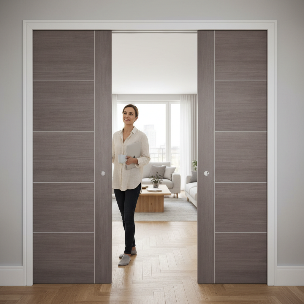 Premium Medium Grey Telescopic Pocket Door System with Five Panels, Maintenance-Free Track, and 15-Year Guarantee