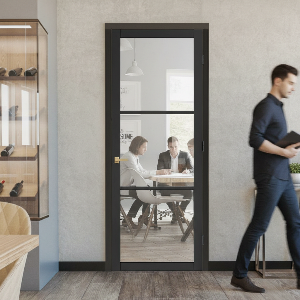 Premium 3L Industrial Style Door with Clear Glass - Solid Core, Prefinished Black, and 10-Year Warranty