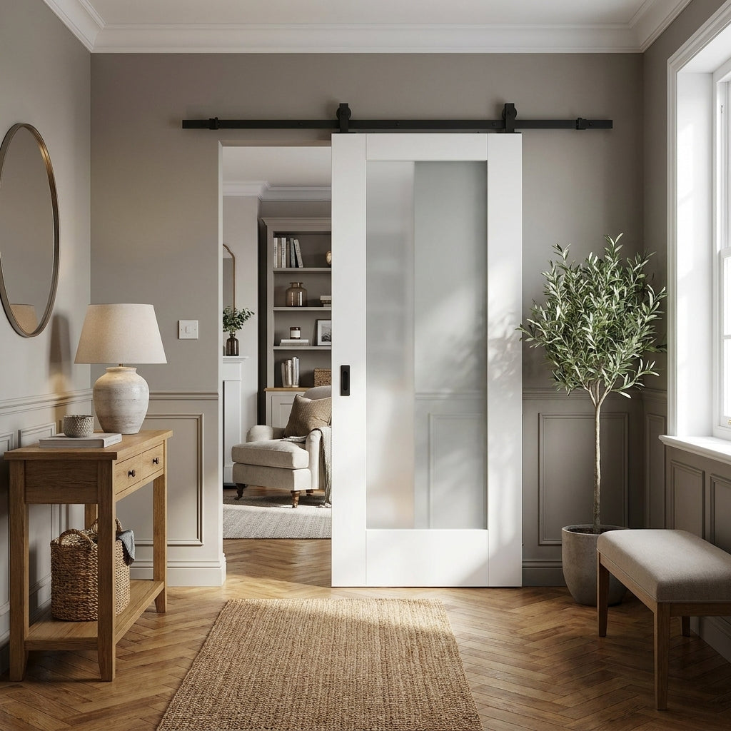 Internal Sliding Door with 1 Light Obscure Glass, White Primed Finish