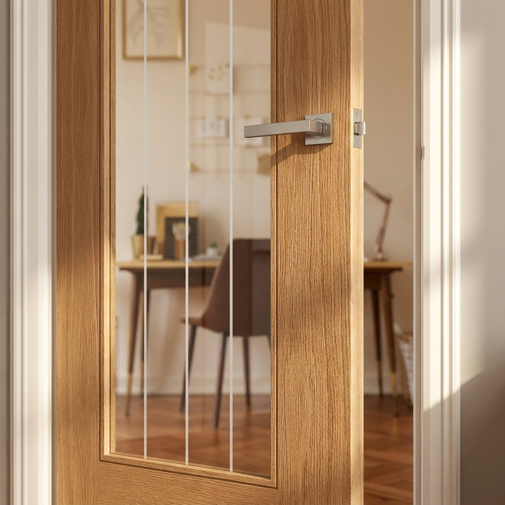 Internal Oak Door, Fully Finished, 1 Light Obscure Lined Clear Glass - detail view