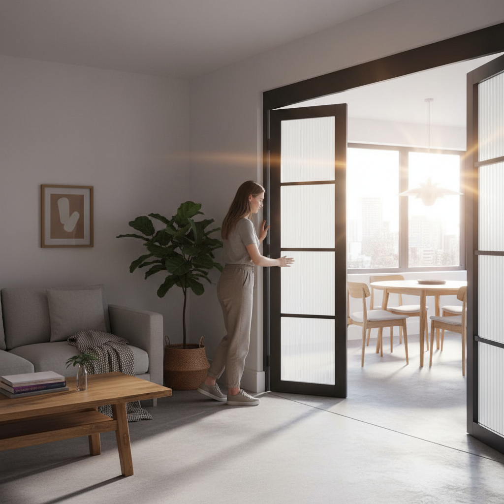 Premium 4 Door Reeded Glazed Folding Doors - Industrial Style with Space-Saving Design and Configurable Options