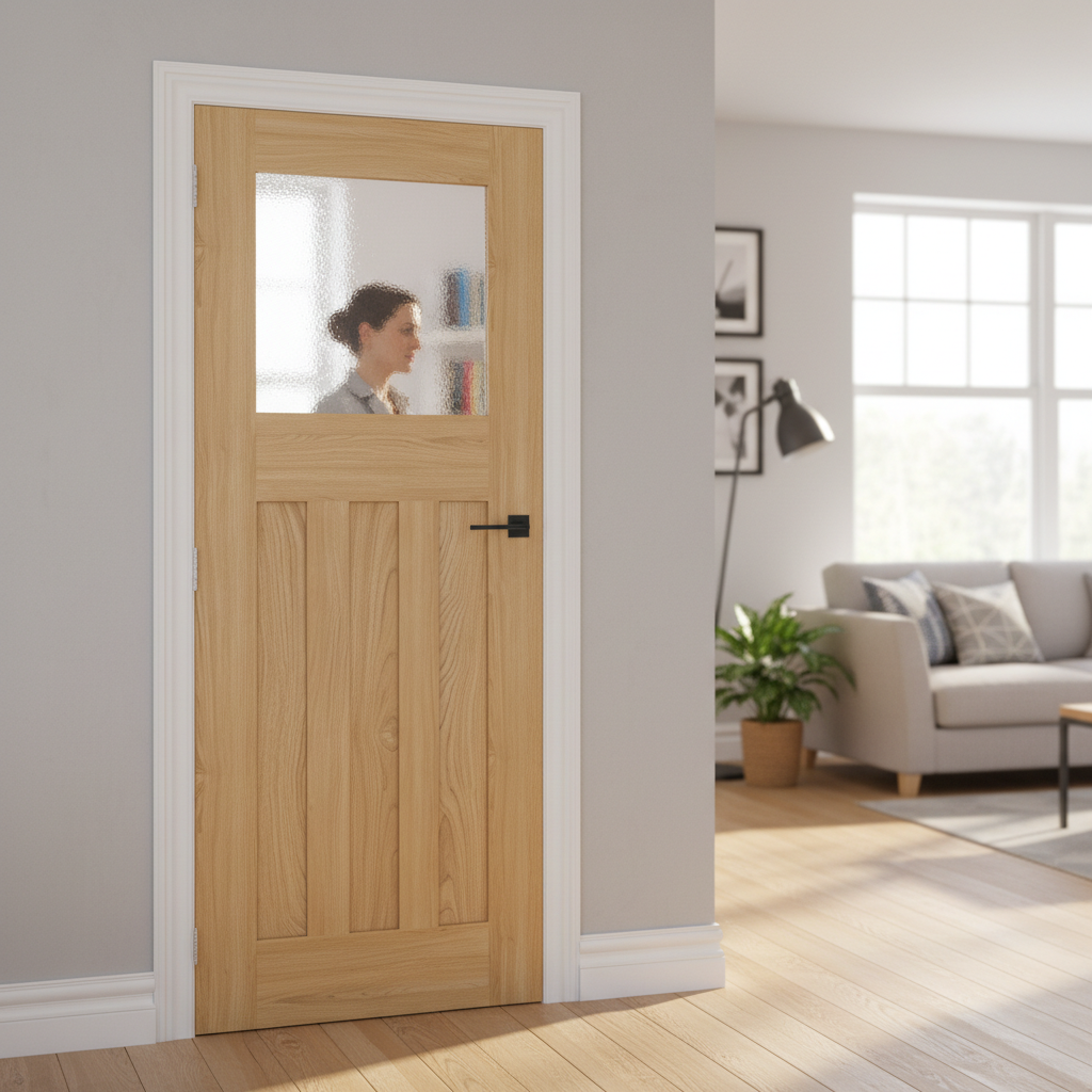 Premium Obscure Glazed Internal Door with Real Oak Veneer and Toughened Glass - Bespoke Sizes Available