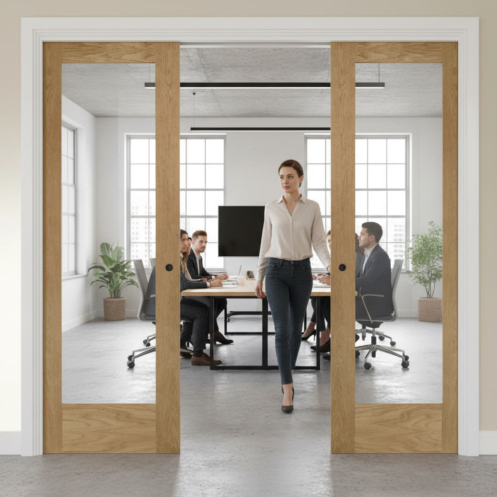 Premium Double Pocket Door System with Clear Glazed Oak Doors and Galvanised Steel Frame for Seamless Installation