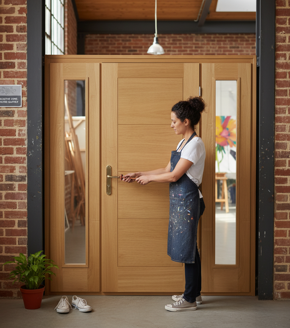 Premium Oak Grand Entrance Door with Matching Sidelights and Flat-Pack Frame for Contemporary Living