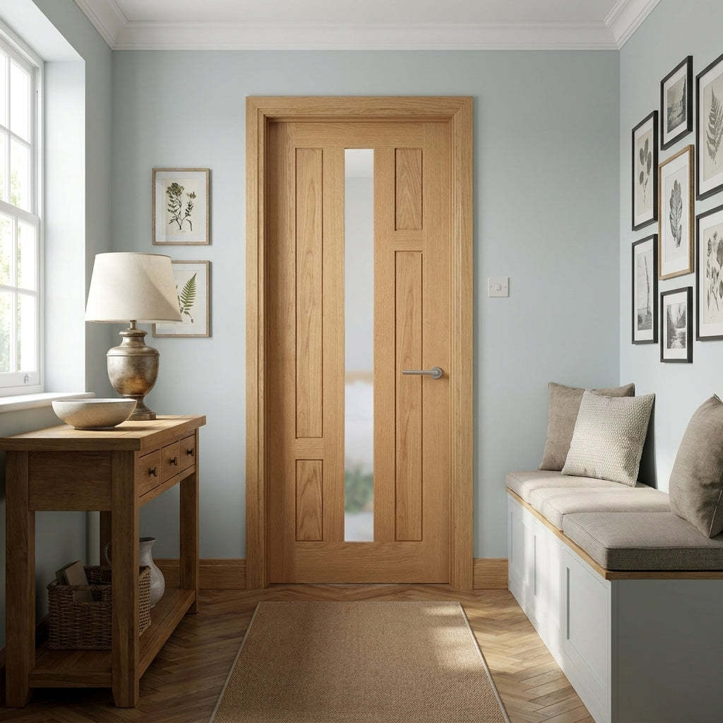 Internal Oak Door Made-to-Measure Fully Finished 4 Panel 1 Light Obscure Glass