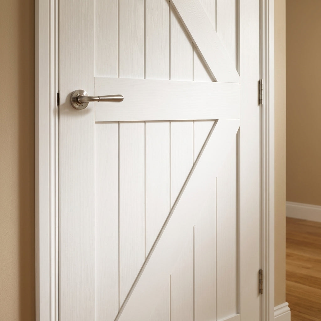 Internal White Primed Barn Door, Solid Engineered Timber Core - detail view