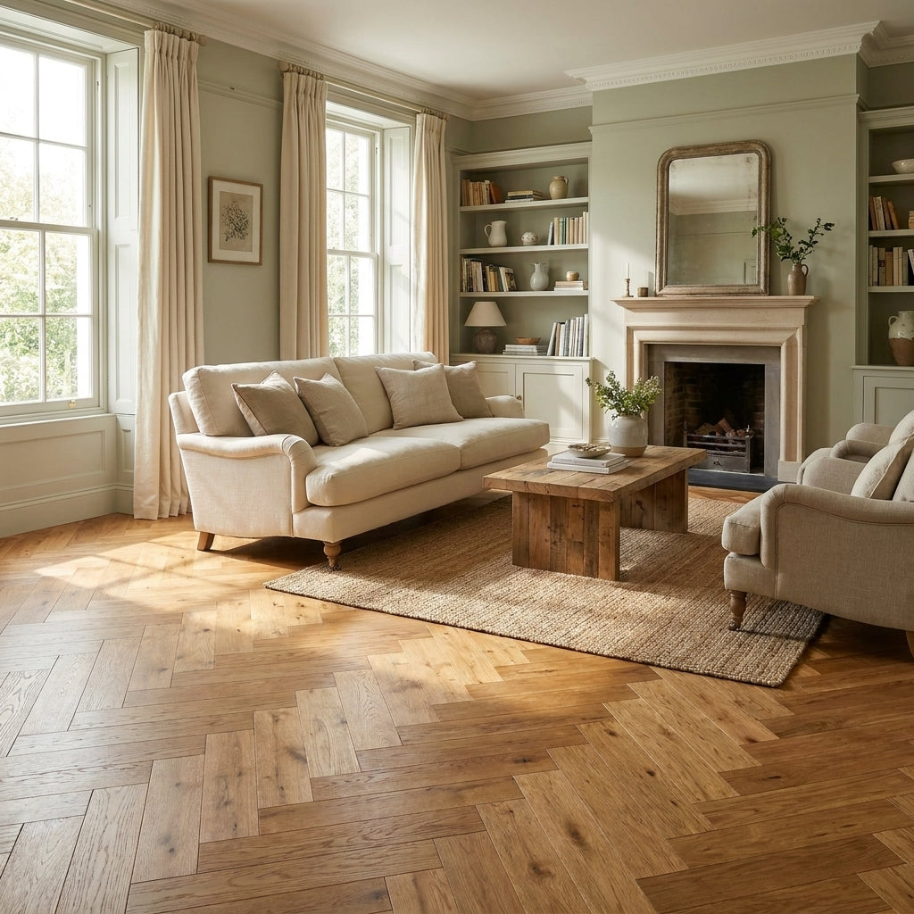 Herringbone Solid Real Wood Flooring 18mm Brushed & Oiled Natural Oak