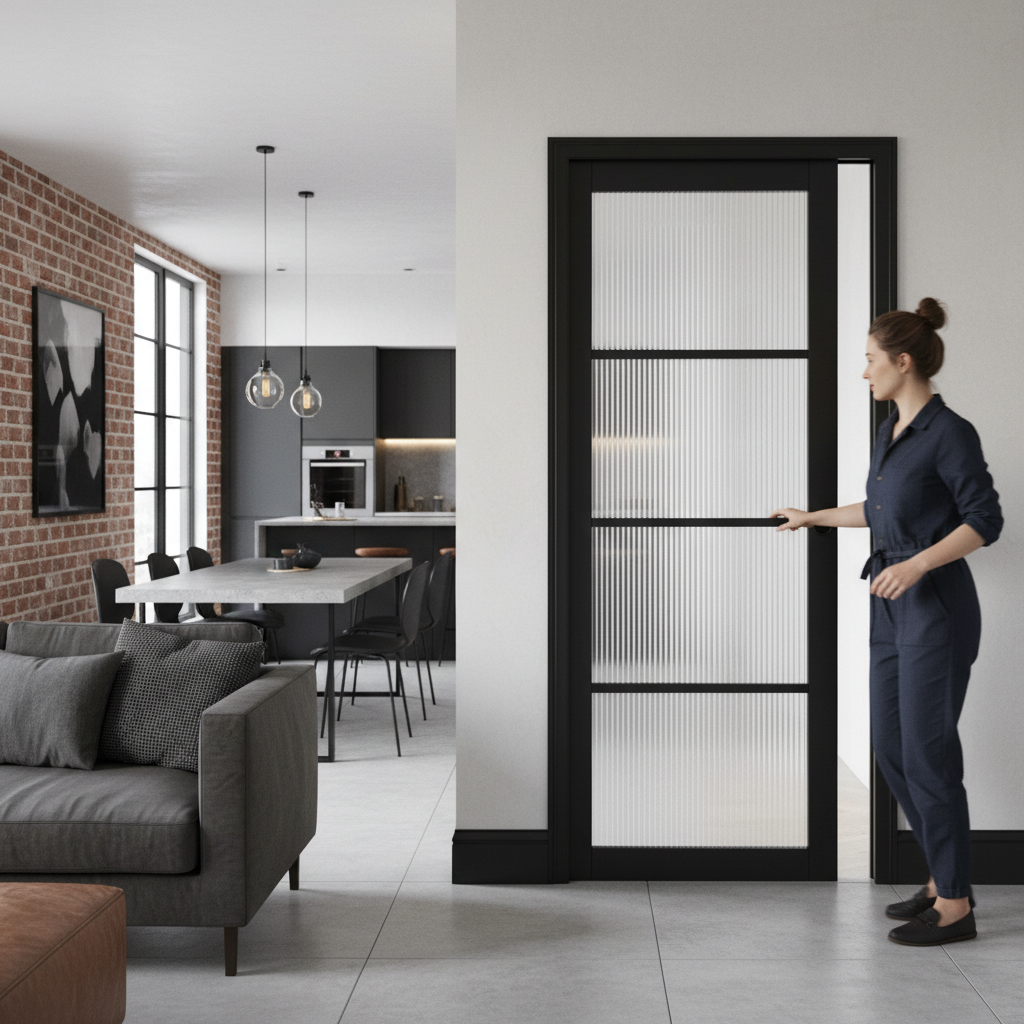 Premium 4L Reeded Glazed Pocket Door Set with Galvanised Steel Frame and Adjustable Jambs