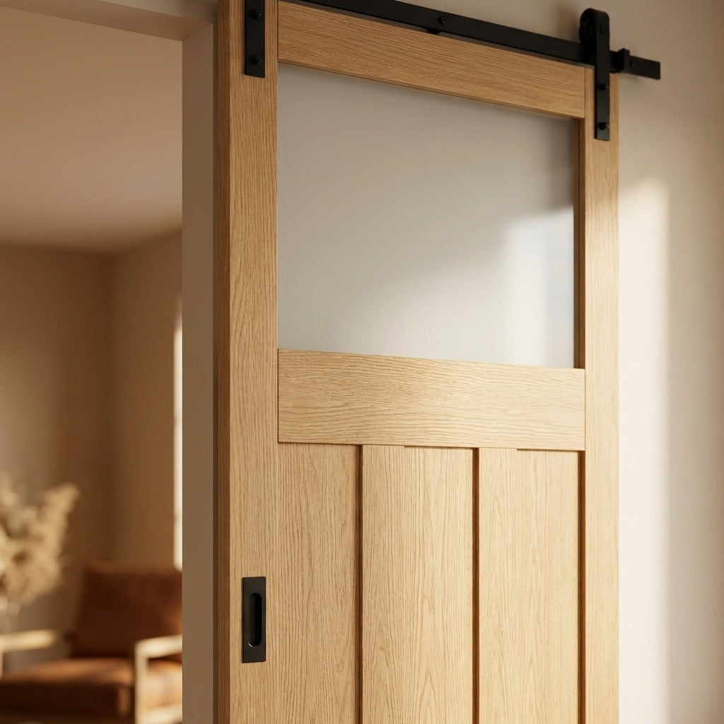 Internal Oak Sliding Door Unfinished 1930's DX 3 Panel 1 Light Obscure Glass - detail view