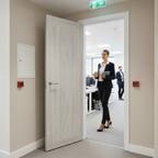 Premium White Grey Laminate Fire Door with Deep Grooves and Textured Surface for Modern Aesthetics