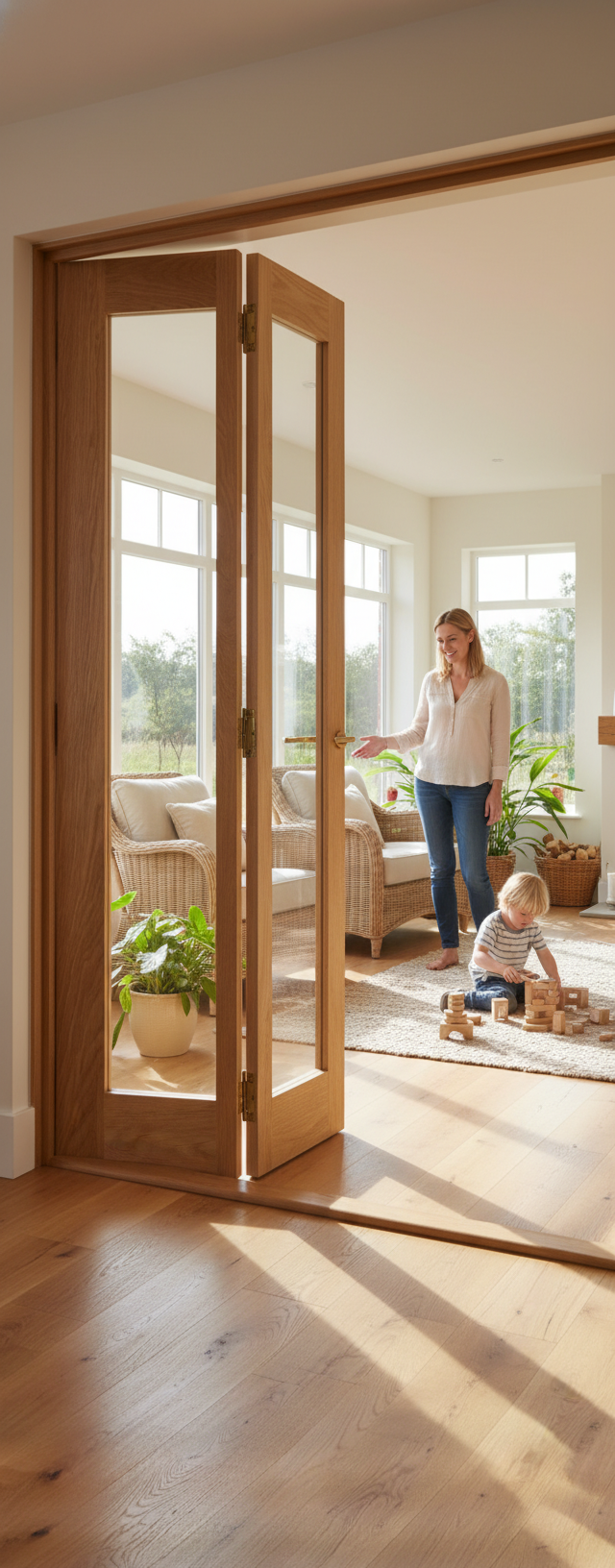 Premium Internal Clear Glazed Bi-Fold Door with Oak Veneer Finish for Space Saving