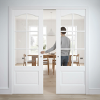 Premium Glazed Telescopic Pocket Door System with Wooden Jamb Kit, Adjustable Doorstop, and Anti-Warp Profile for Elegant Spaces