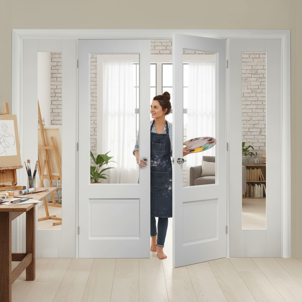 Premium Clear Glazed French Doors with Demi Panels - Stylish Room Divider with Universal Frame