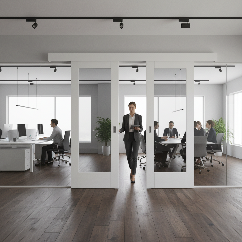 Premium Double Sliding Door System with Clear Glazed Panels and White Pelmet for Stylish Interior Spaces