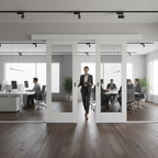 Premium Double Sliding Door System with Clear Glazed Panels and White Pelmet for Stylish Interior Spaces