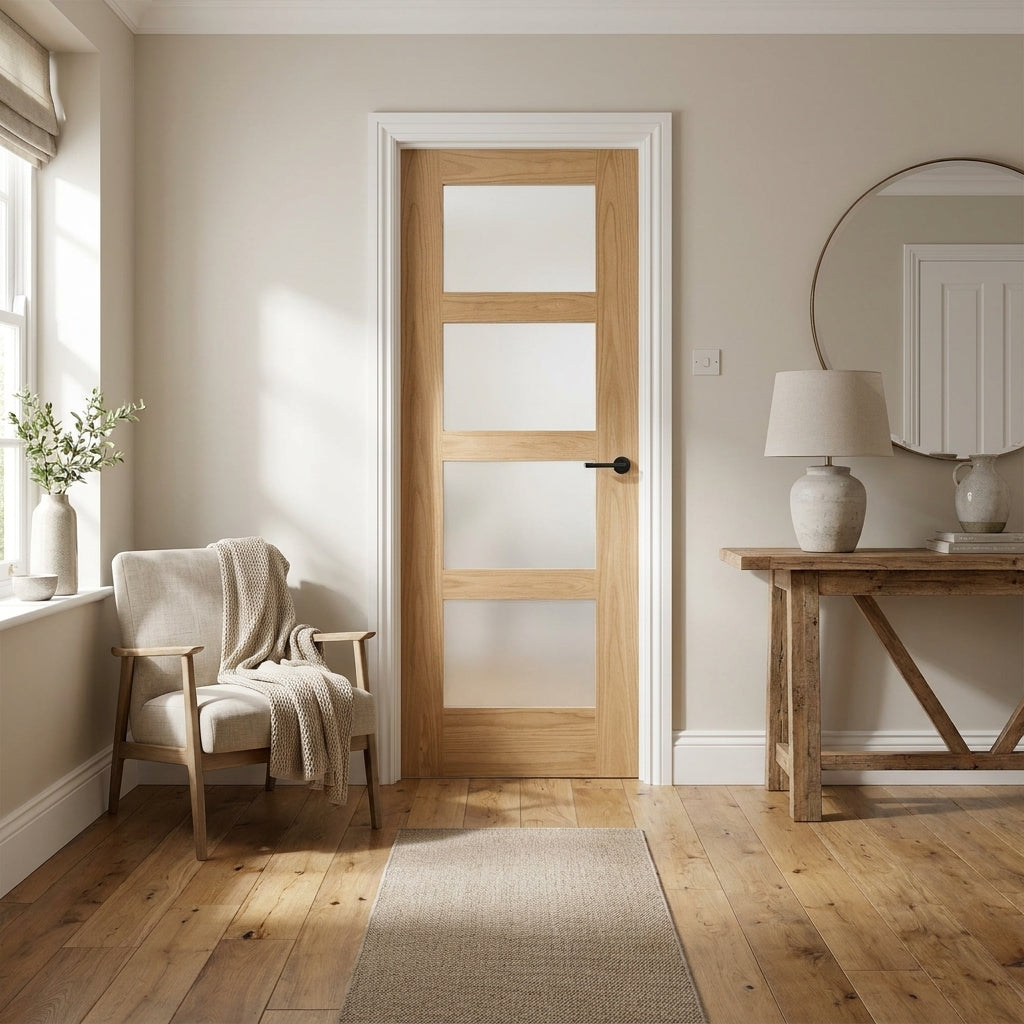 Shaker 4 Light Obscure Glass Oak Internal Door Unfinished Surface