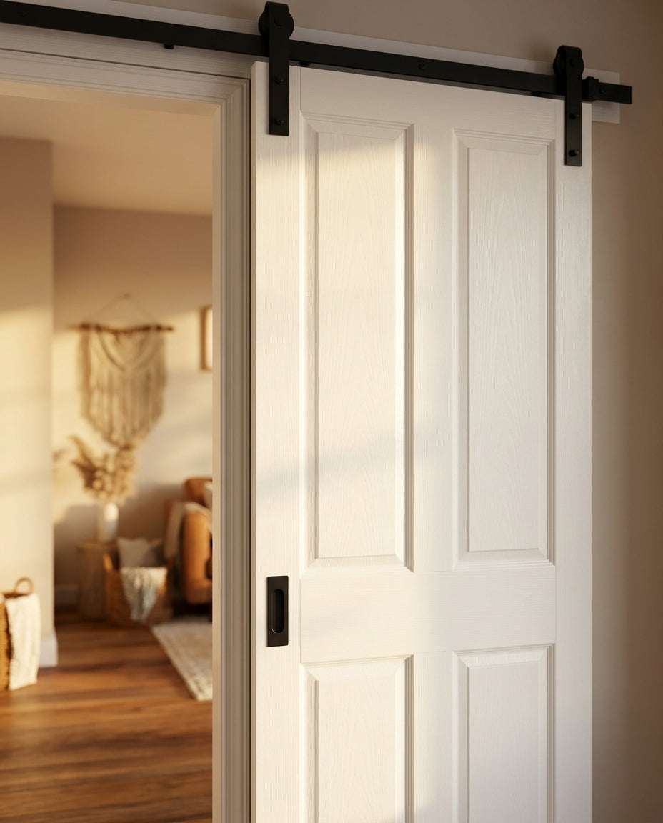 Internal White Primed Sliding Door, 4 Panel Design, Solid Core, Black Top Mounted - detail view