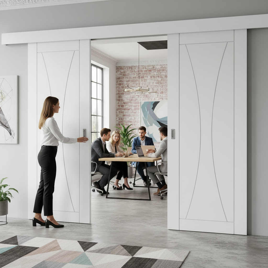 Premium Double Sliding Door System with Oak Pelmet and E-Glide Mechanism for Easy Installation and Smooth Operation