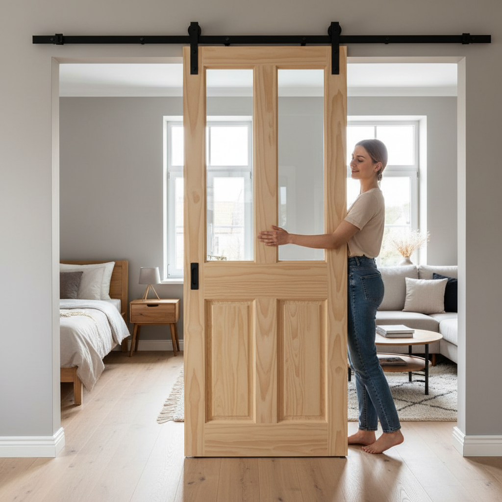 Premium Clear Pine Unfinished Sliding Door Set with Dual Light Design for Modern Interiors - Image 2