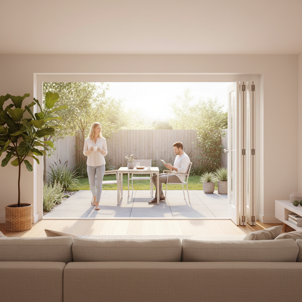 Premium White Freefold Interior Folding Door System with Clear Glazed Doors and Versatile Room Configuration Options